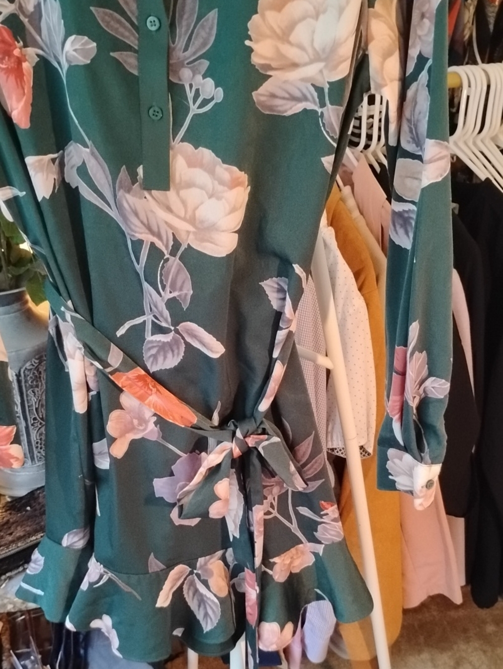 Tie-Waist Dark Green Shirt Dress With Ruffle Hem - Picture 6 of 11